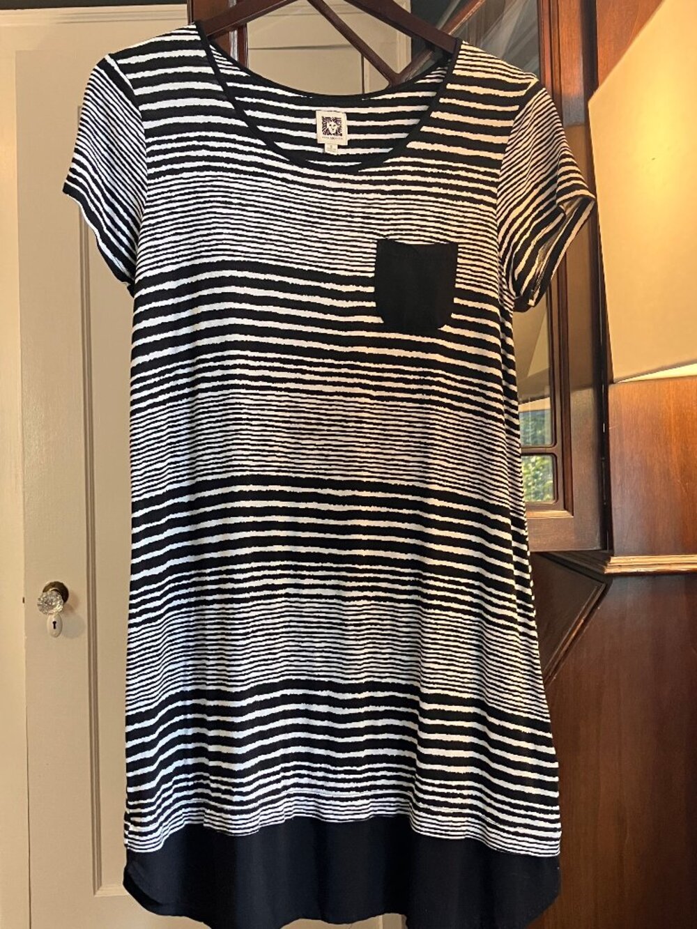 Anne Klein Striped Swing Dress S Black White Pocket High Low Hem